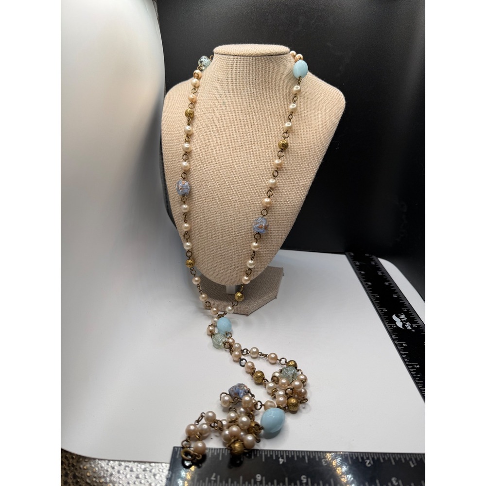 Vintage Faux Pearl Light Blue Glass Bead Long Station Necklace Gold Tone 48 Inch